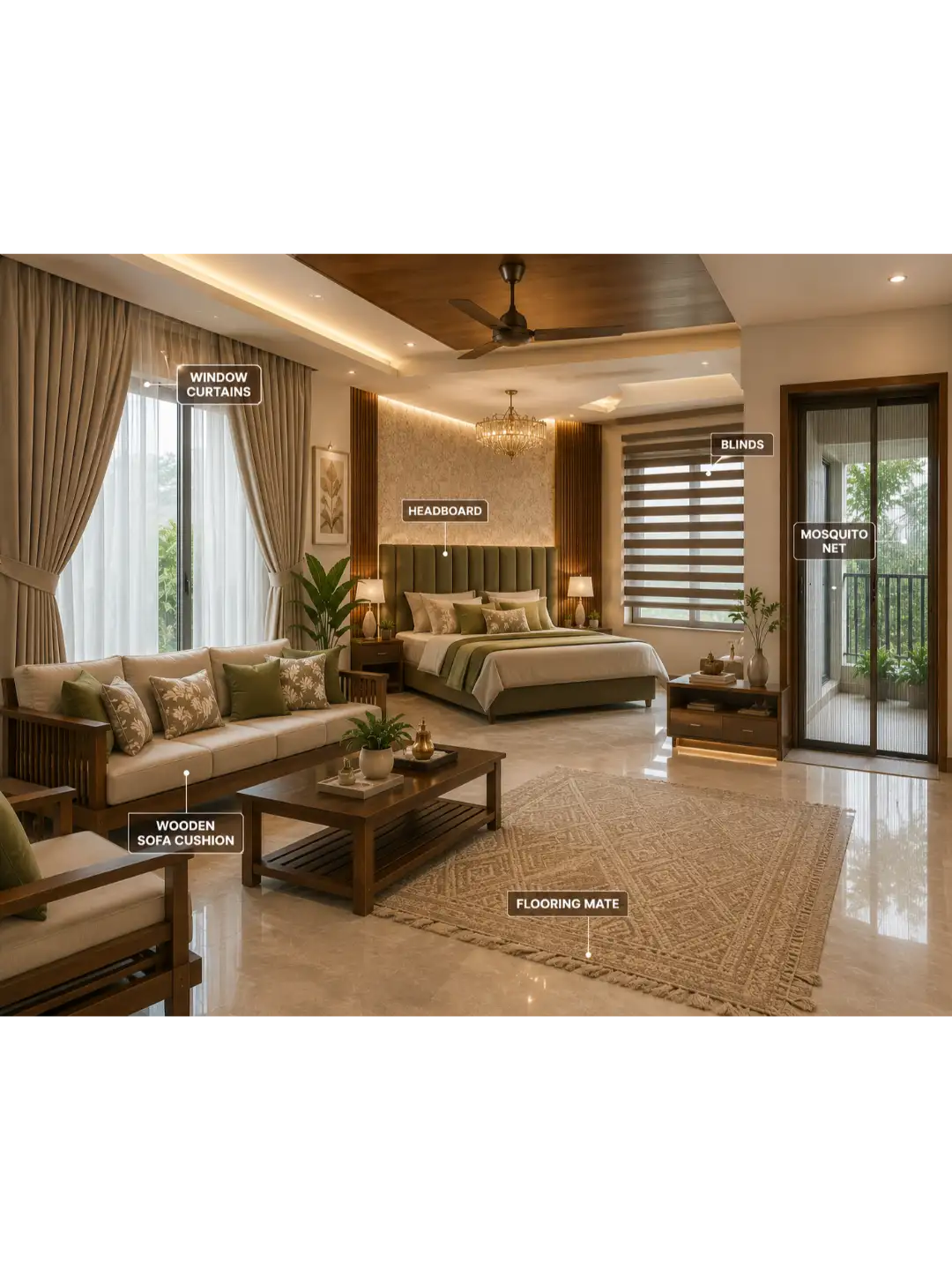 Living room transformed with layered drapes and cushions